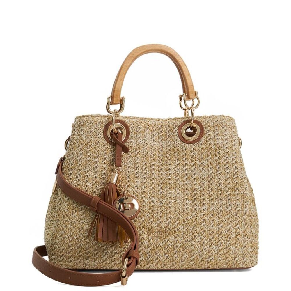 Dune London Demmy Medium Natural Straw Tote with Brown Leather Trim